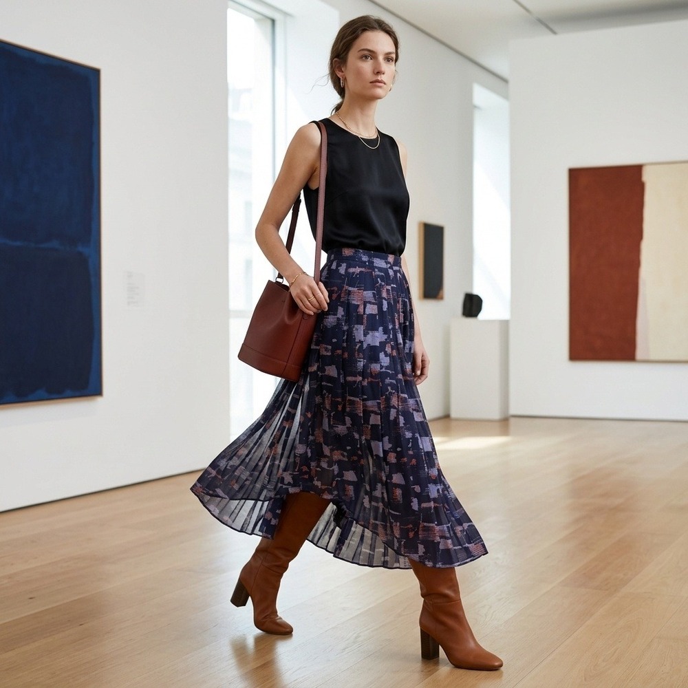 Anthropologie HD in Paris Abstract Print Skirt Overlay Pants Navy Blue Size 2